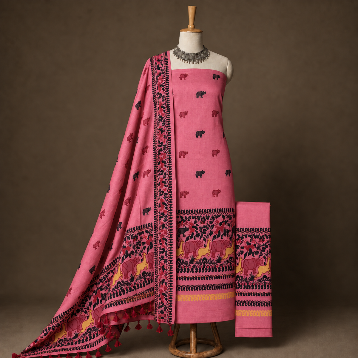 Eshani Pink Assam cotton Kaziranga motif unstitched 3 piece suit material