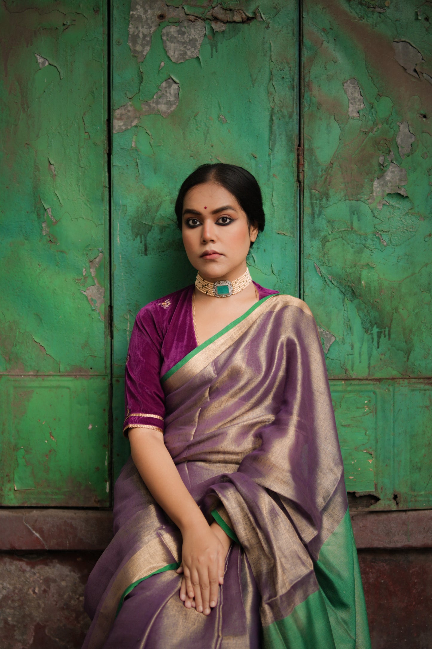 Gauri purple tissue linen saree with green contrast pallu by Apaapi