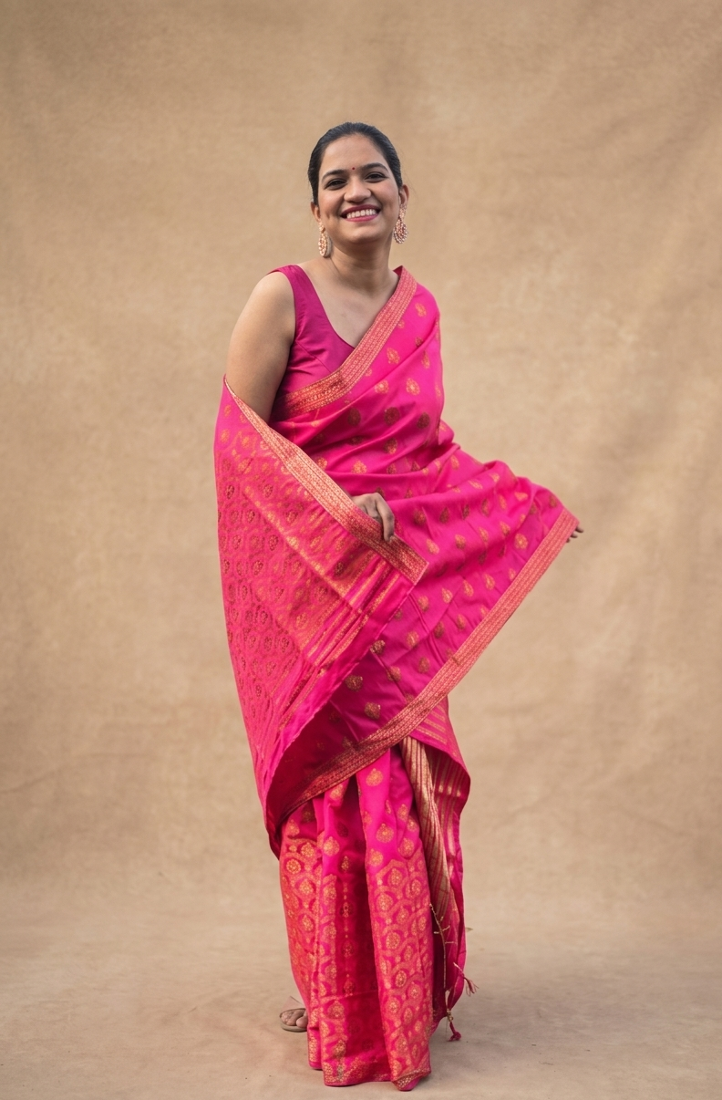 Golapi Agnishikha Rani pink silk Mekhela Chador fully stitched and ready to wear from Assam by Apaapi