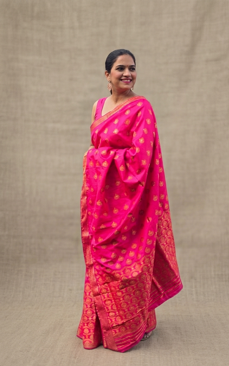 Elegant woven detail on Golapi Agnishikha Rani pink silk Mekhela Chador from Assam