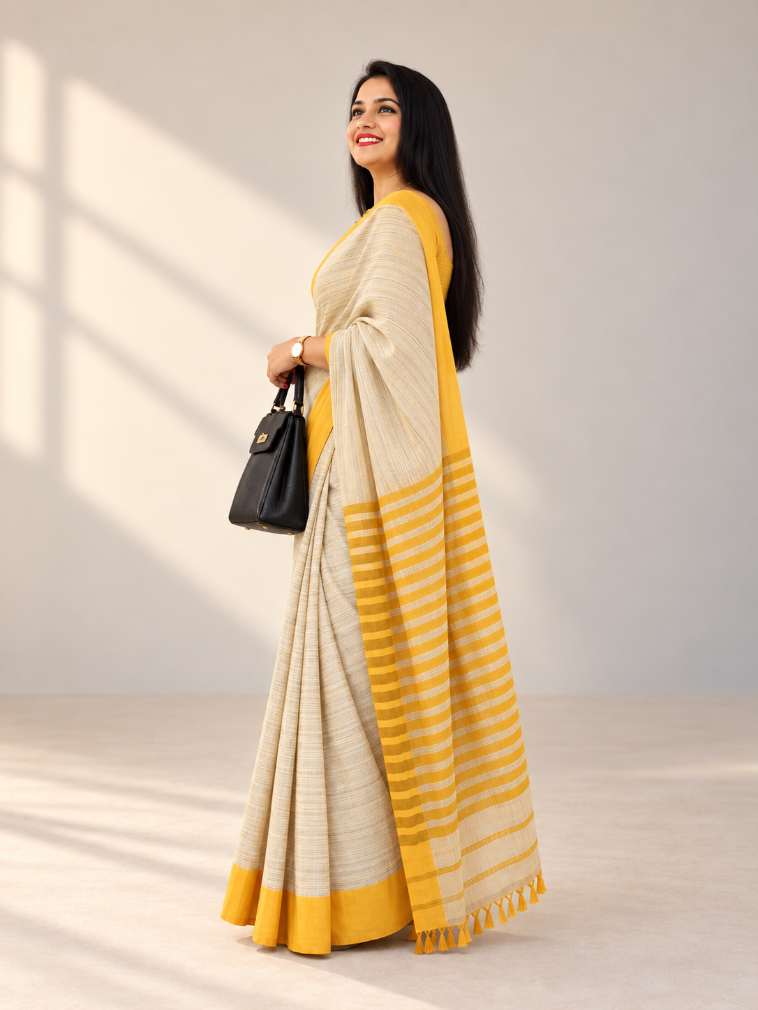 Ivory and mustard handloom cotton saree styled for office, meetings and professional workwear