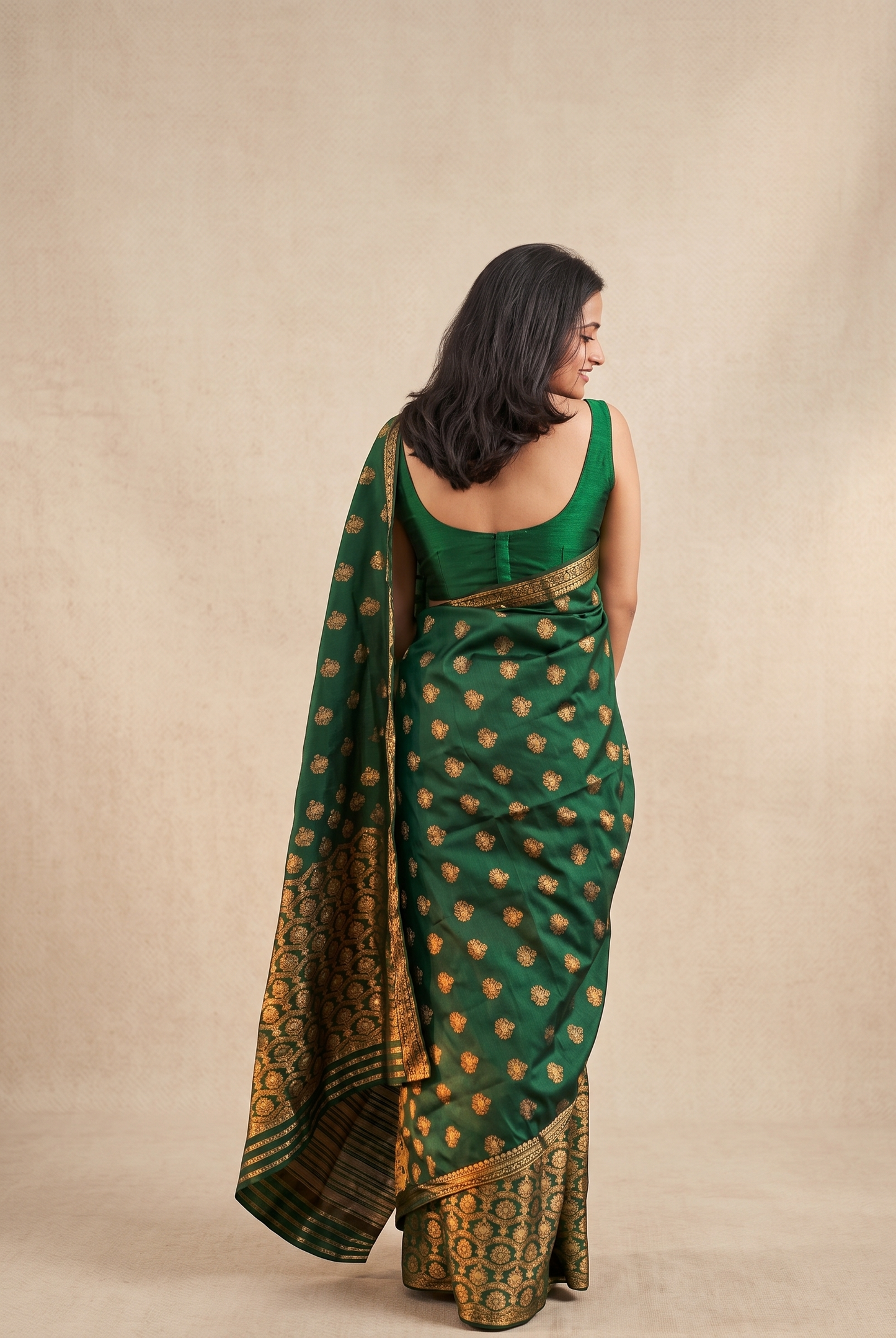 Green silk Mekhela Chador from Assam styled for Bihu, weddings and Assamese cultural occasions