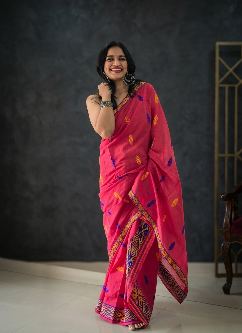 Apaapi fully stitched front view of Kolong red mekhela chador in breathable cotton 