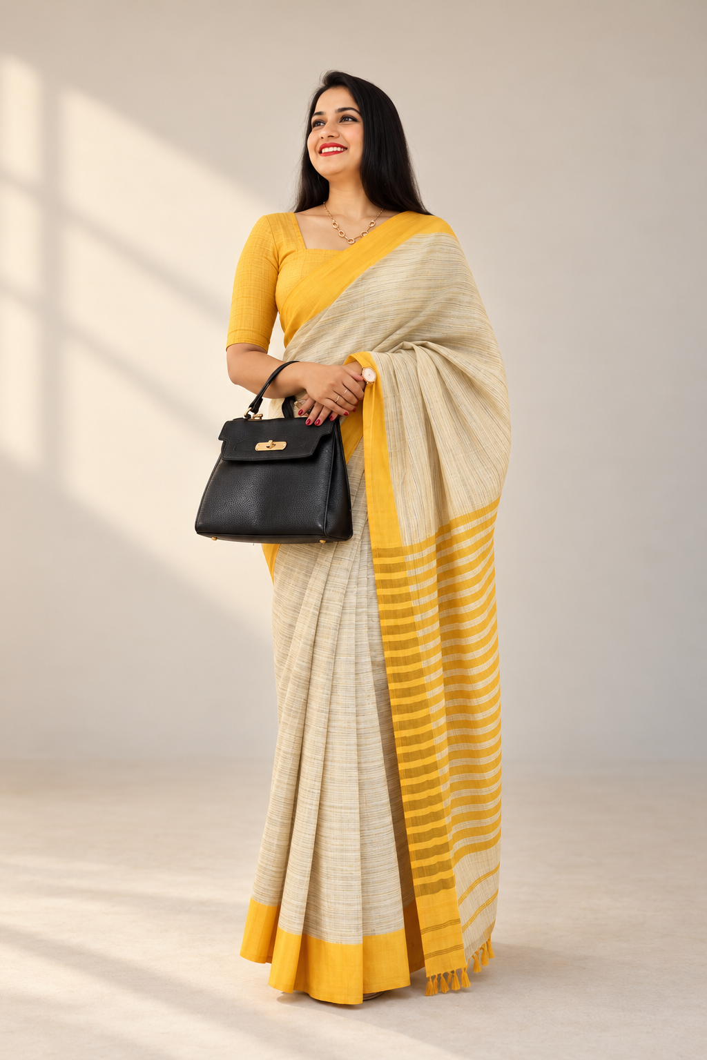 Komol Pohor ivory yarn-dyed handloom cotton saree with mustard border styled for contemporary office wear.