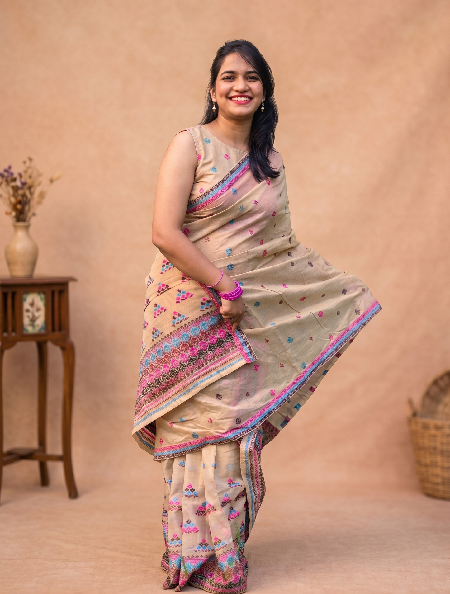 Komol Xorai beige cotton Mekhela Chador fully stitched and ready to wear from Assam