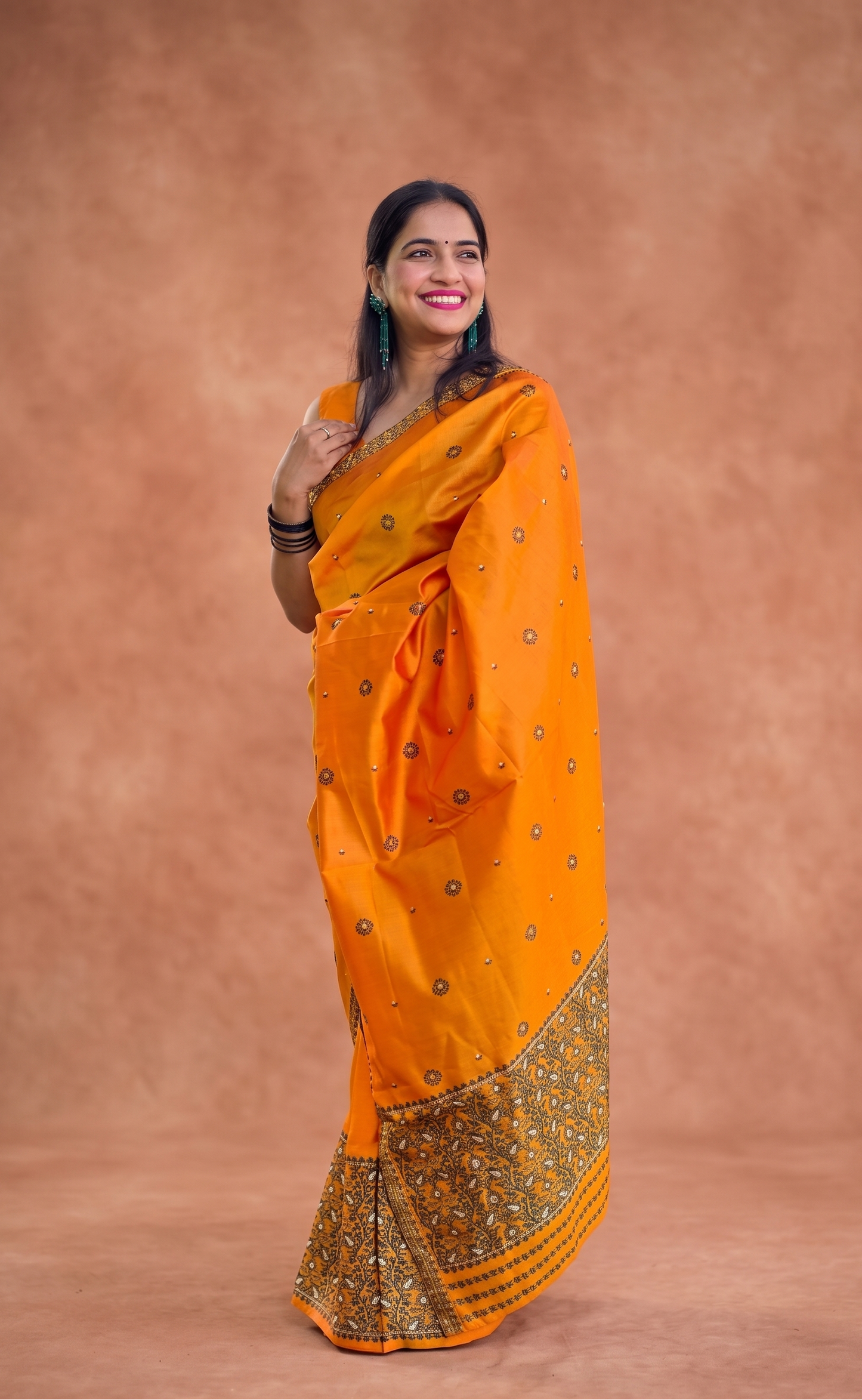 Ready-to-wear mustard yellow Assamese mixed silk Mekhela Chador side drape for Bihu and weddings
