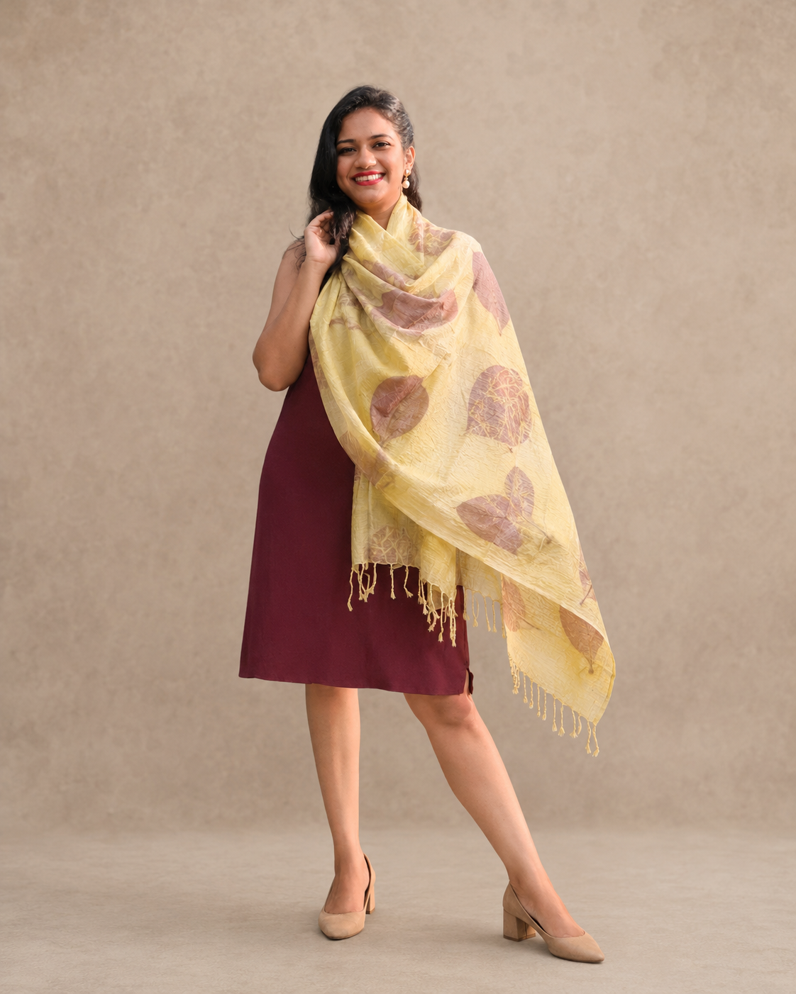 Korobi soft yellow eco print handloom stole for women