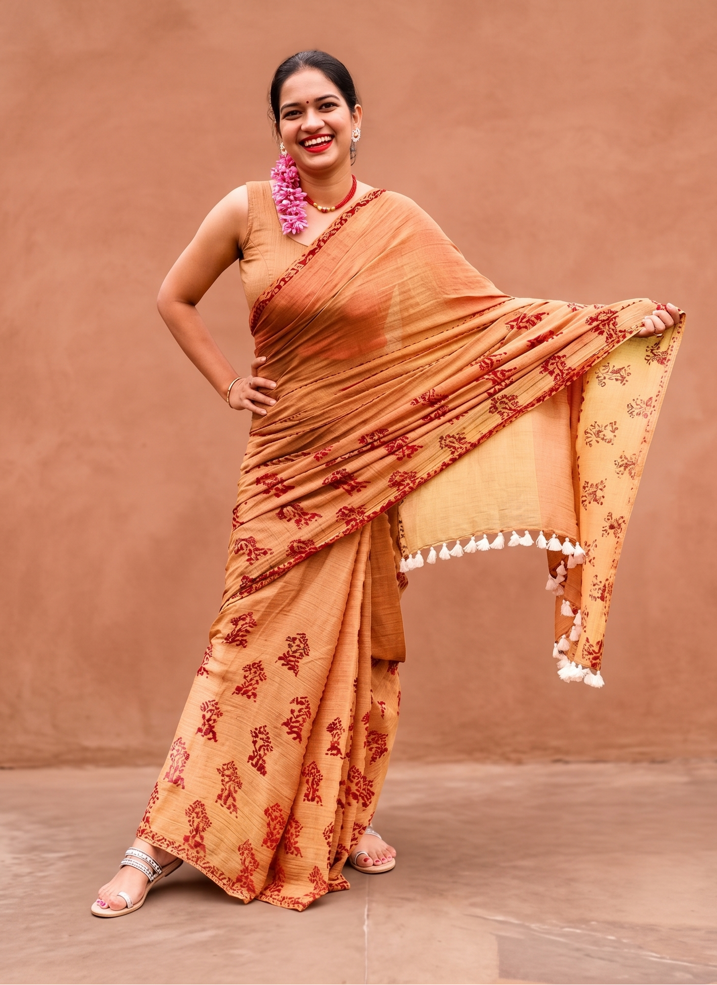 Kuwoli brown mulmul cotton saree with tree block print motif by Apaapi