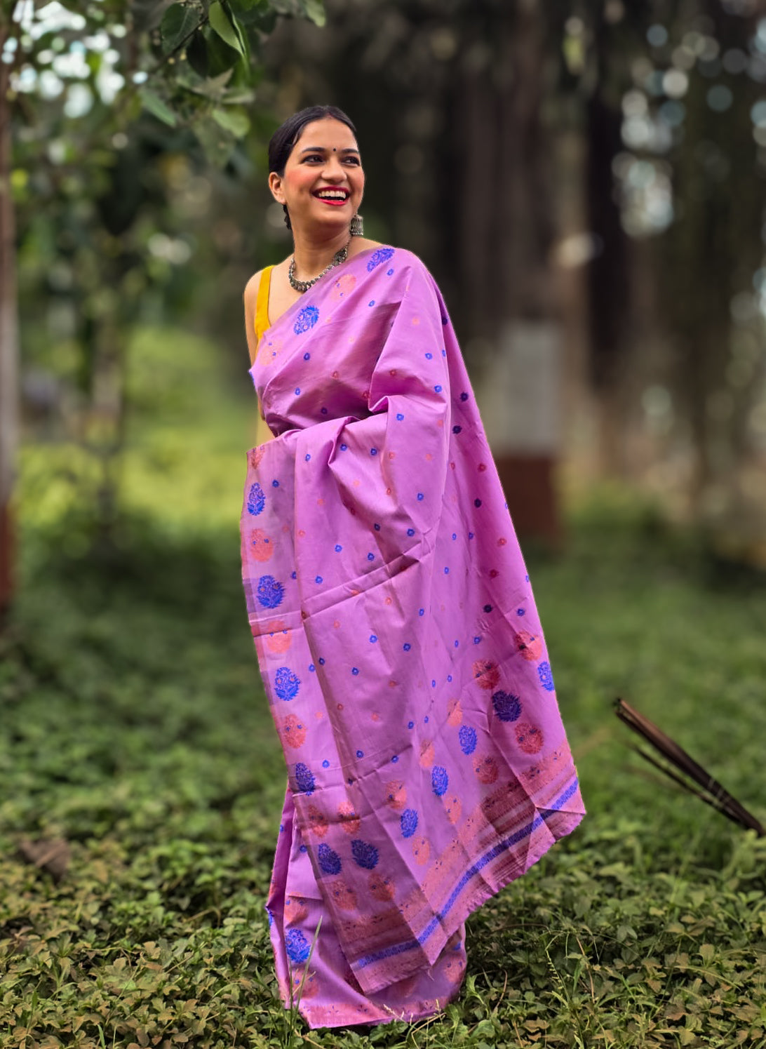 Lilac paisley motif Mekhela Chador from Assam with blue and copper woven motifs