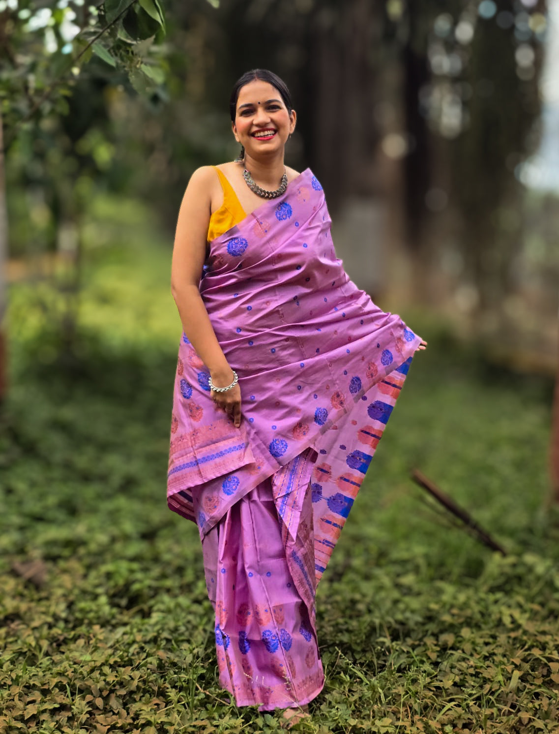 Lilac paisley Mekhela Chador from Assam with blue and copper woven motifs
