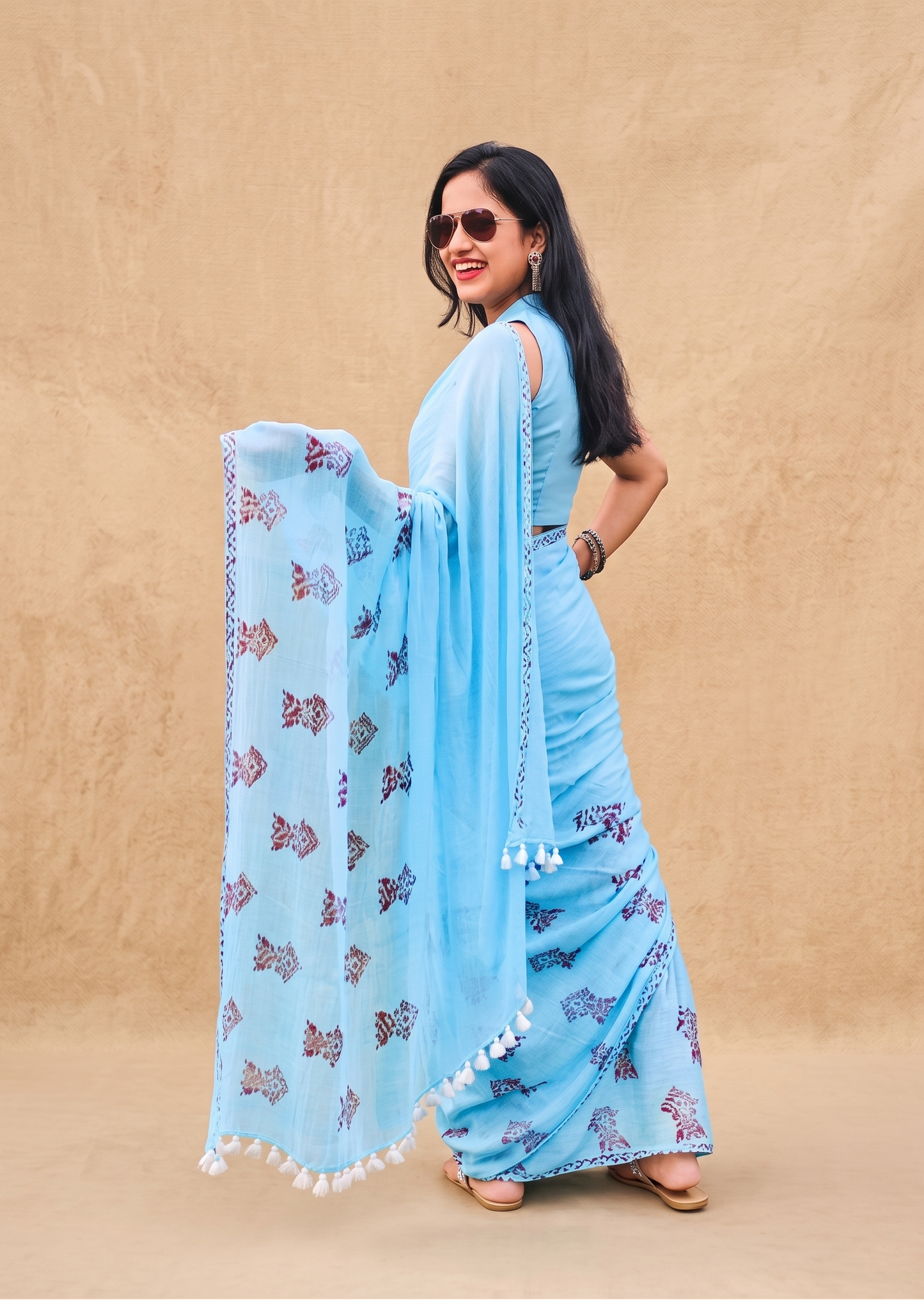 Luit blue mulmul cotton saree with Assam motif block print by Apaapi, soft lightweight cotton saree for daily wear and office wear