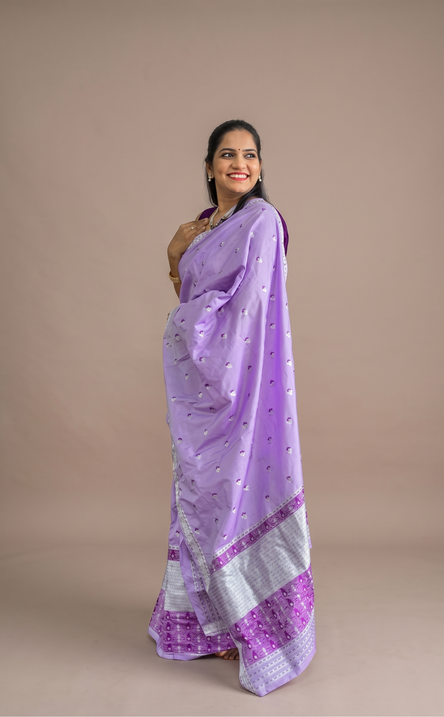 Ready-to-wear lavender Assamese silk Mekhela Chador side drape for weddings and Bihu