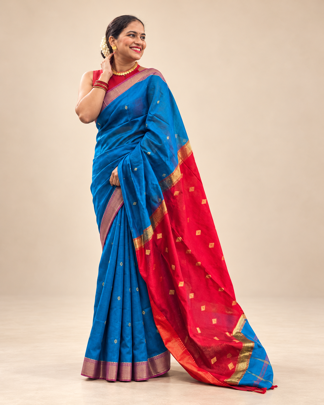 Luit Xondhiya rich blue and red Assam-inspired festive saree with gold-toned border by Apaapi.