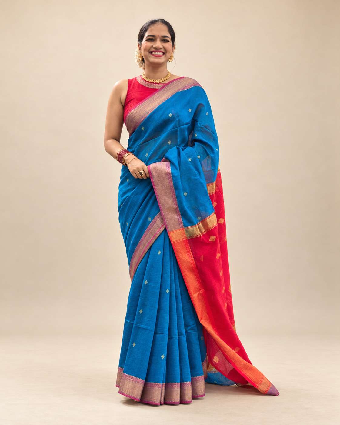 Luit Xondhiya blue saree with contrasting red pallu and gold-toned festive border.