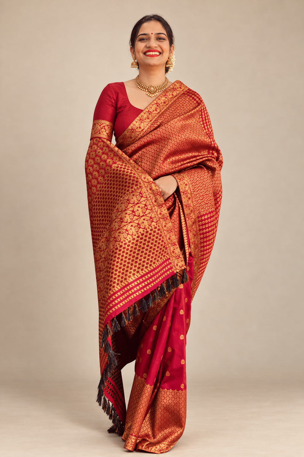 Full drape of a maroon and gold Banarasi saree featuring traditional woven motifs, zari border and ornate pallu detailing.