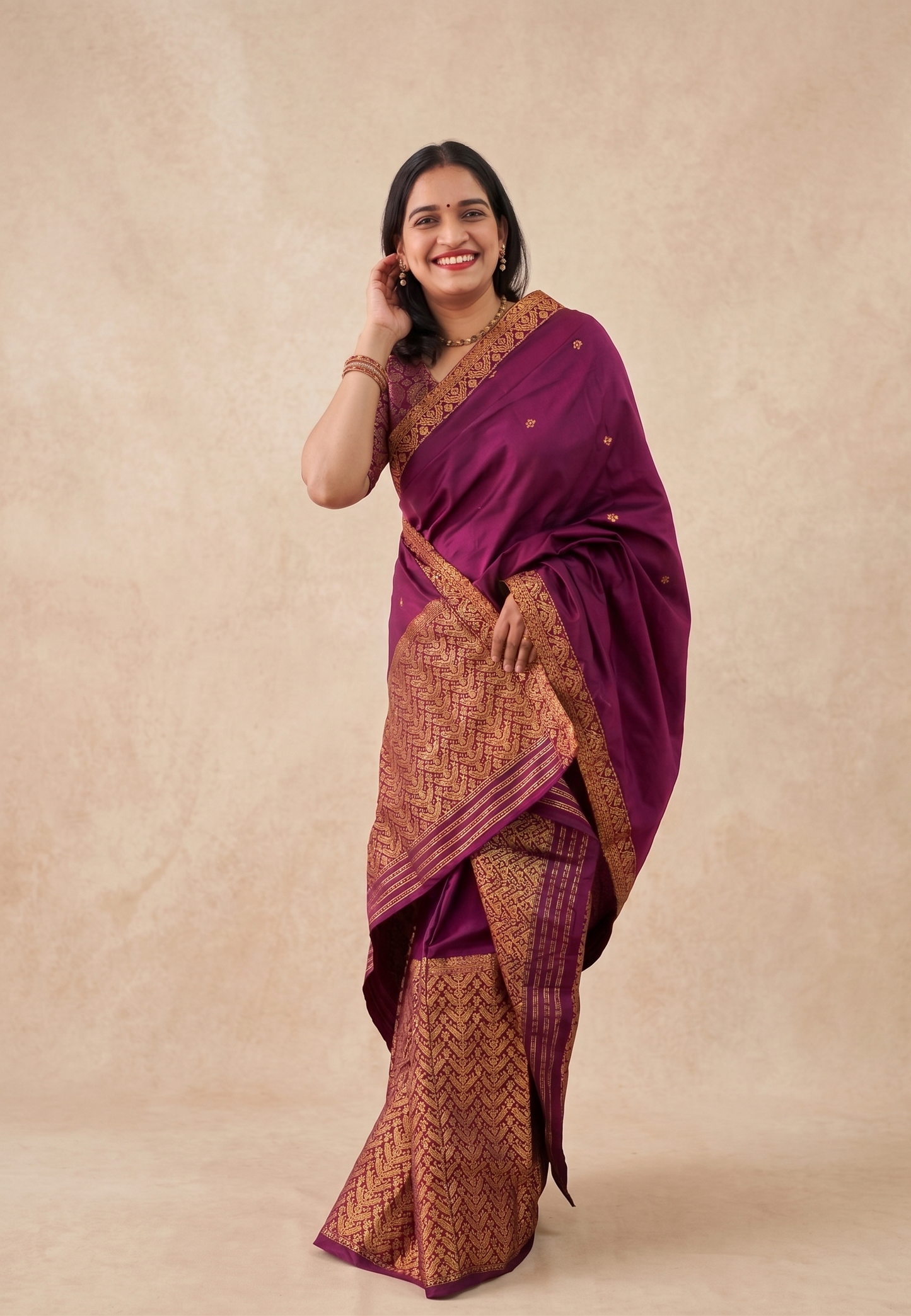 Mayurima wine silk blend Mekhela Chador fully stitched front look from Assam by Apaapi