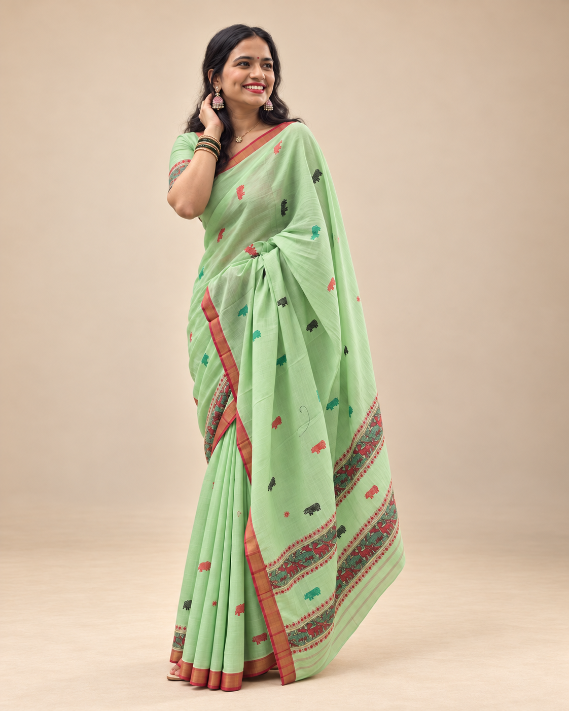 Mint green Assam saree with Kaziranga-inspired one-horned rhino motifs, styled for Bihu and Assamese cultural celebrations