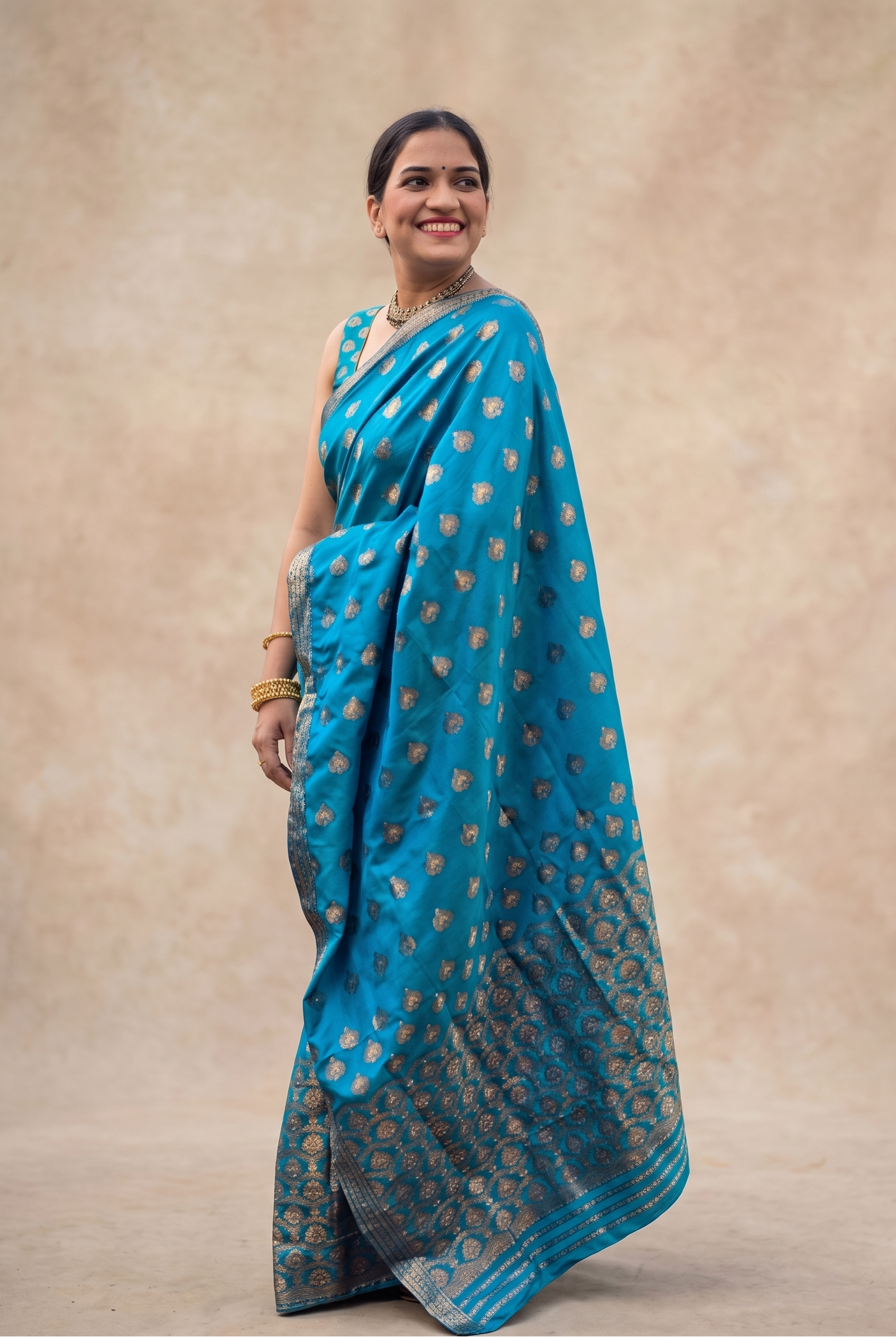 Neelkanthi Shobha teal blue silk blend Mekhela Chador fully stitched and ready to wear from Assam by Apaapi