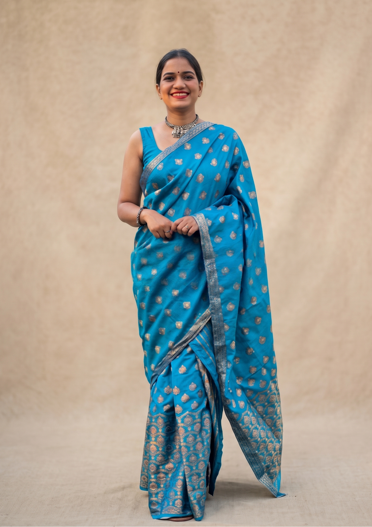 Elegant teal blue silk blend Mekhela Chador from Assam with graceful festive drape