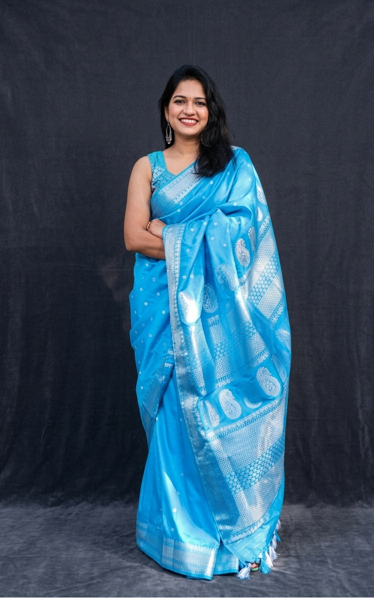 Neelori silk blend saree with silver zari front view for festive and traditional wear