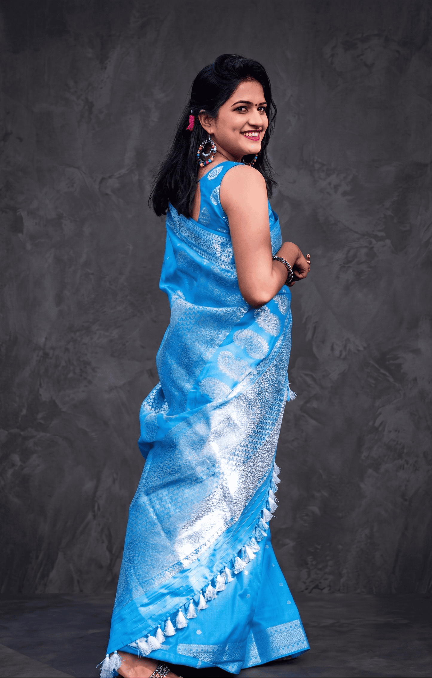 Side view of Neelori silk blend saree with silver zari and elegant festive styling