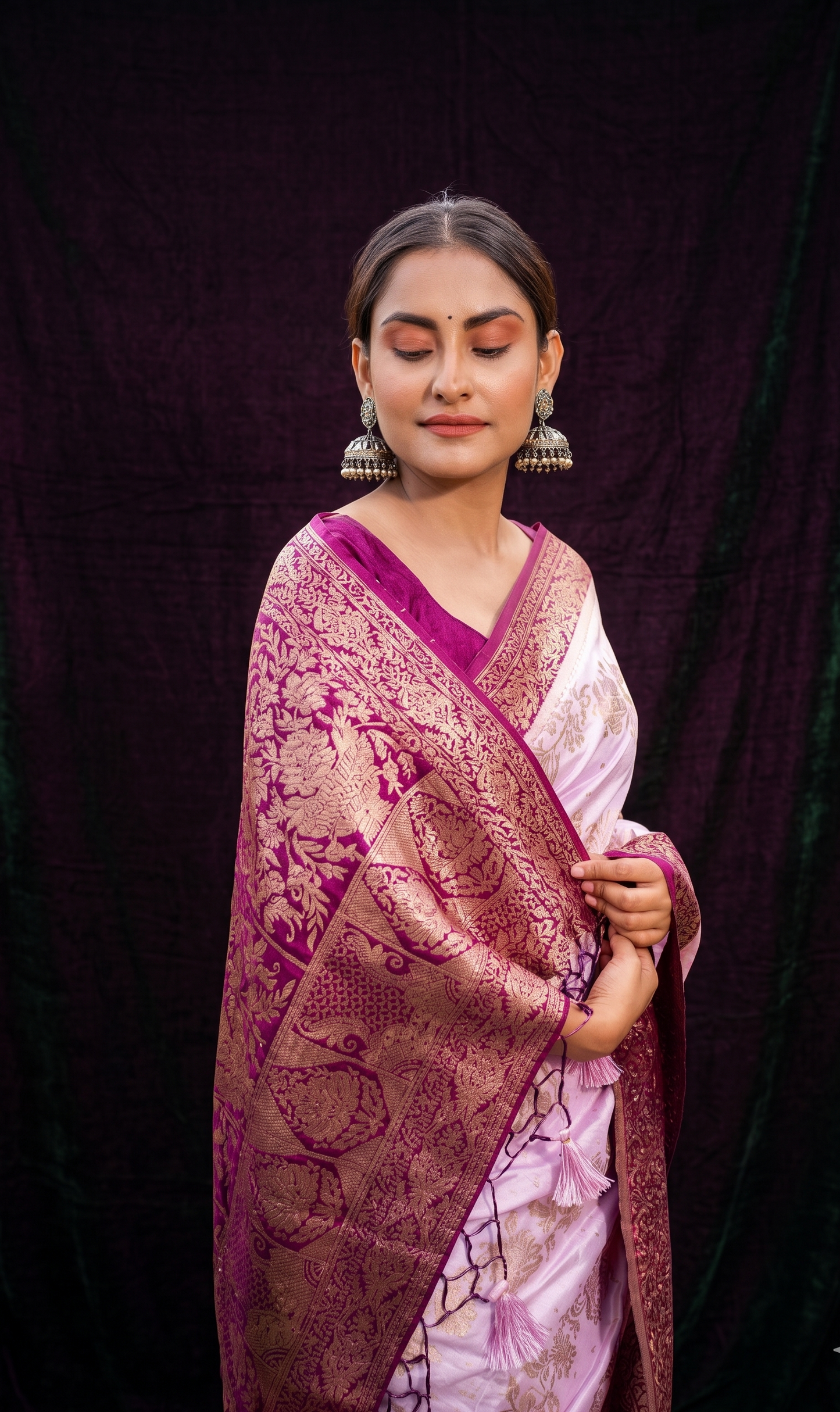 Angled full view of Nisarga purple Banarasi jacquard saree for family functions and celebrations
