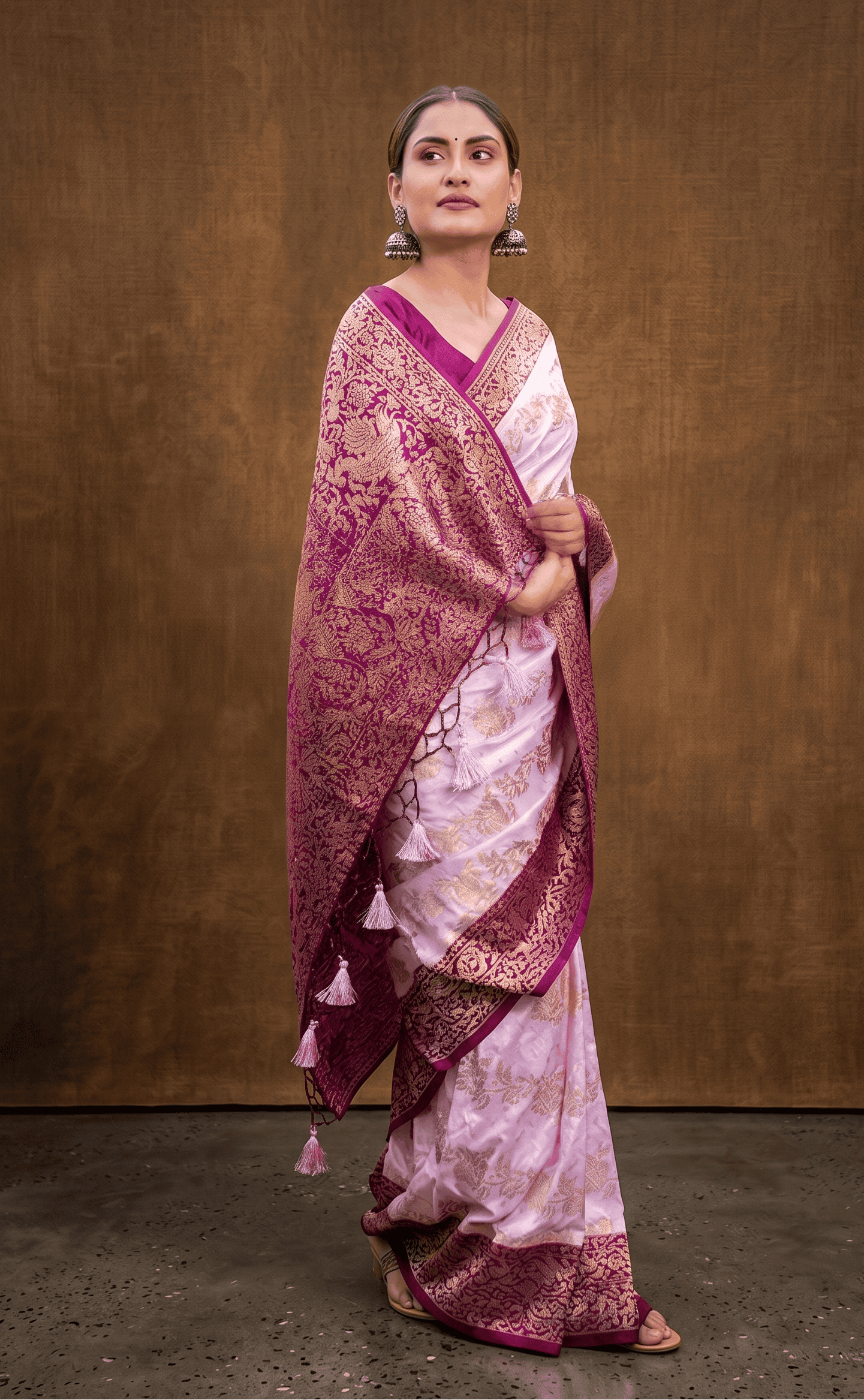 Side view of Nisarga purple Banarasi jacquard saree with elegant traditional styling