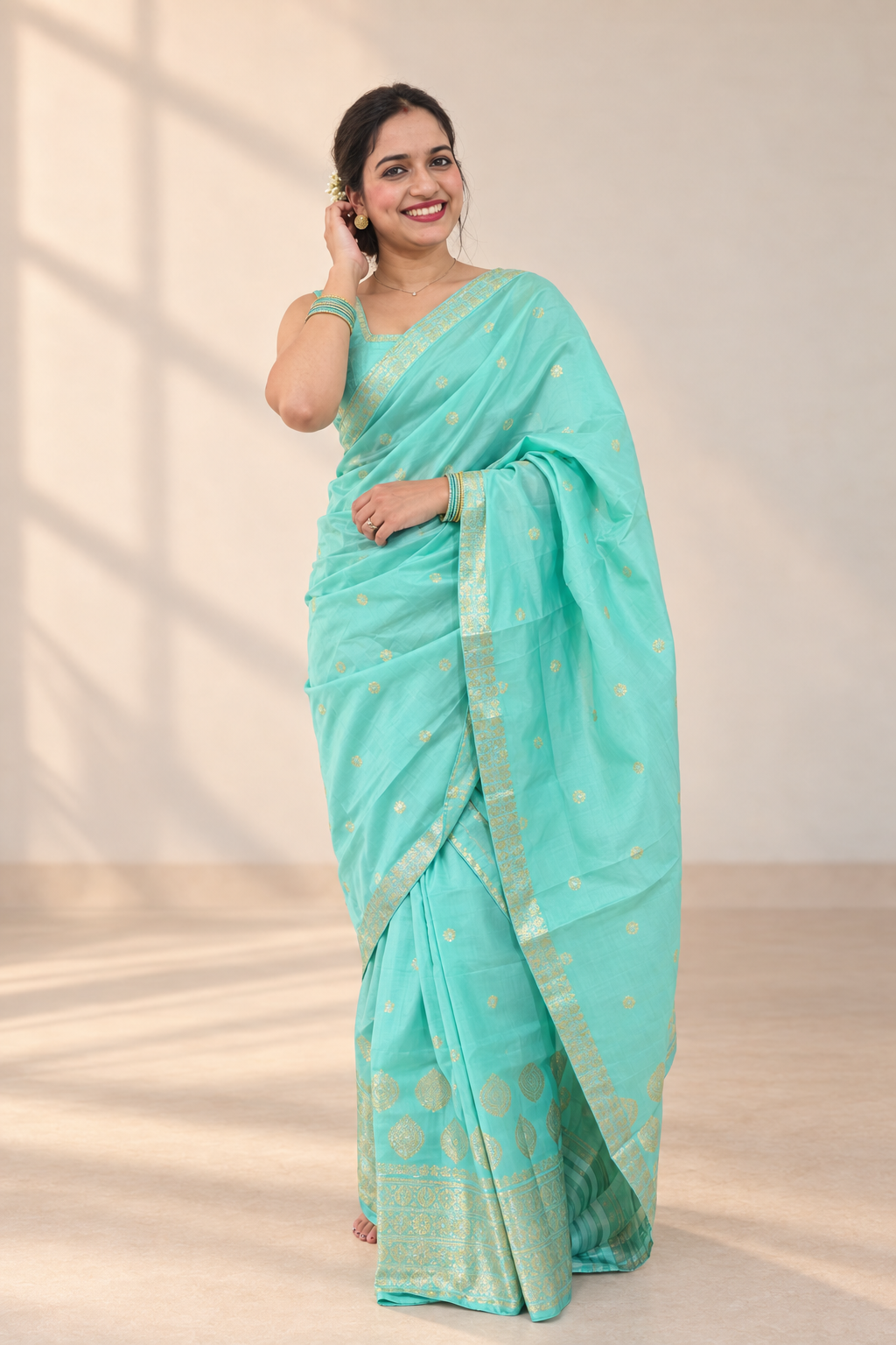 Nomi aqua mint mixed silk Mekhela Chador for women fully stitched and ready to wear from Assam by Apaapi