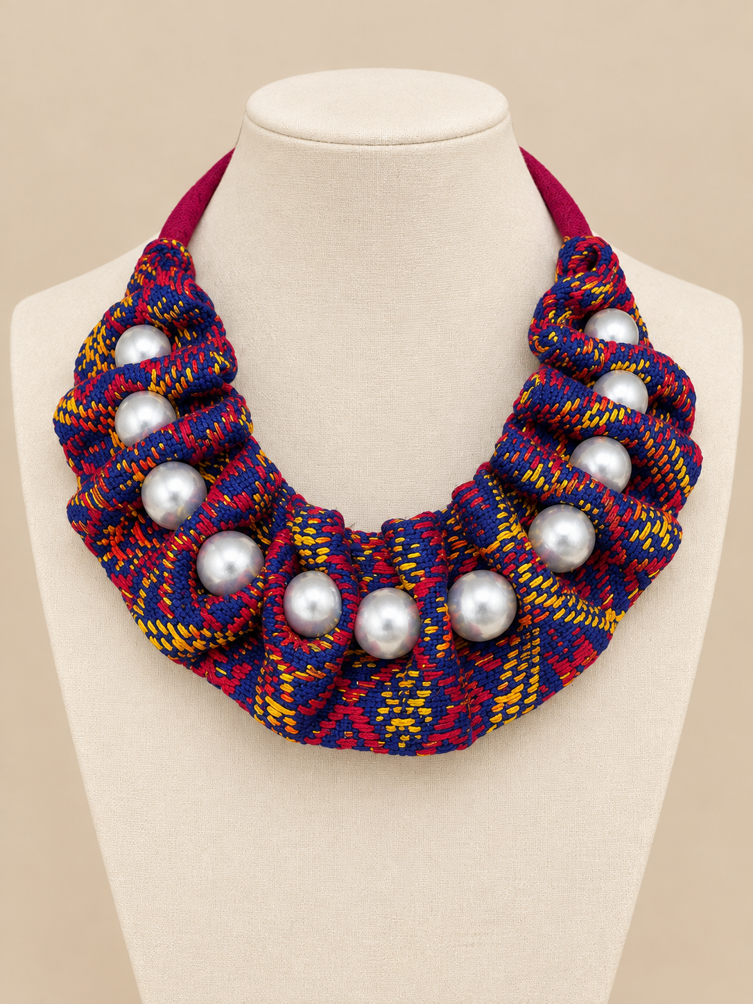 Ou Kuwori blue handwoven textile statement necklace with pearl-tone beads