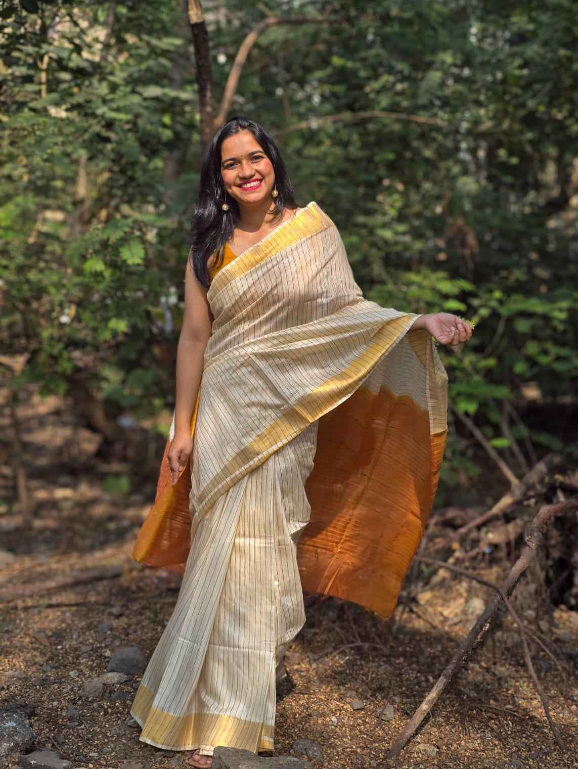 Paat Sonali beige and mustard silk cotton saree inspired by Assam