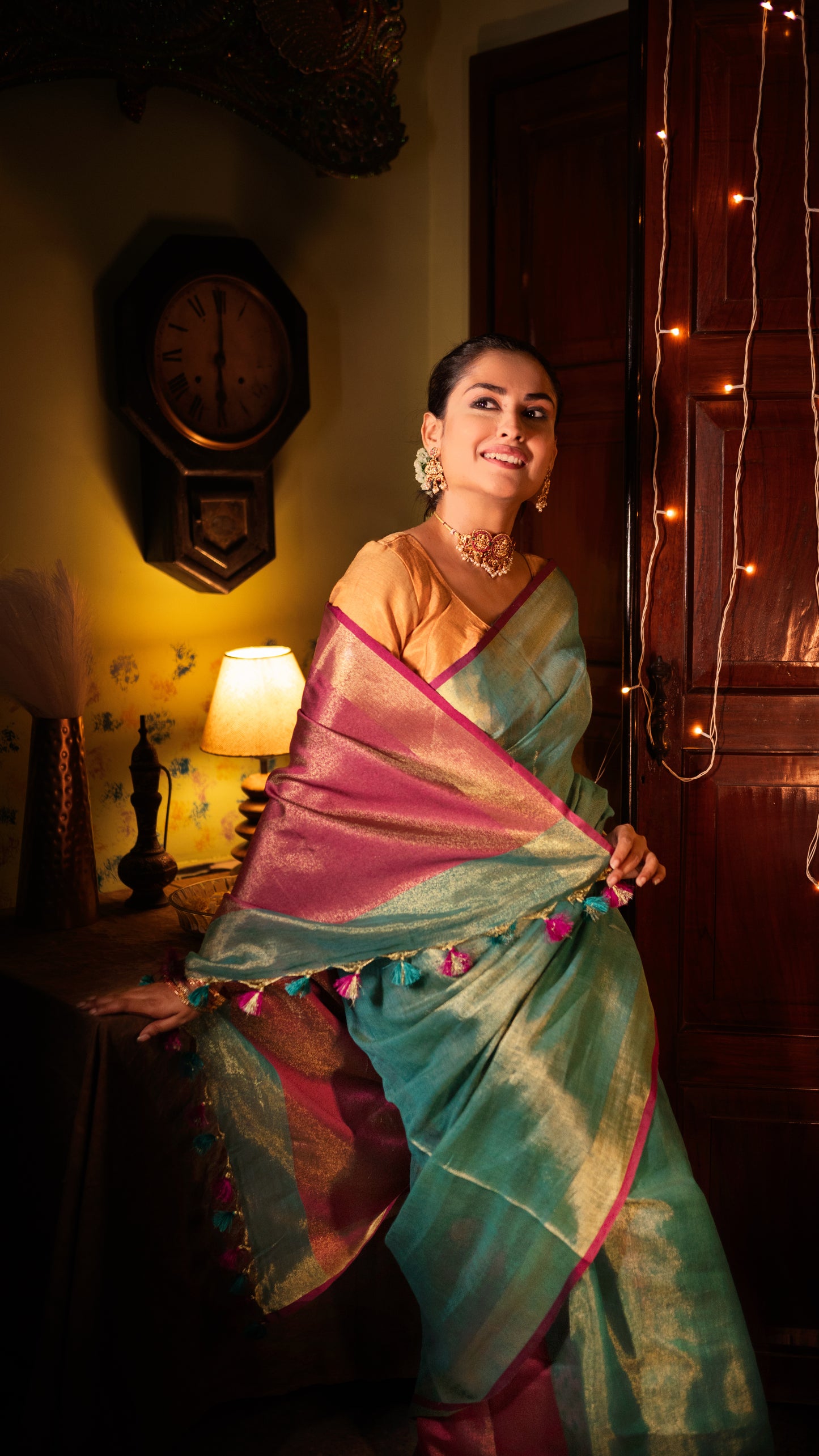 Padma sea green tissue saree with magenta pink pallu by Apaapi