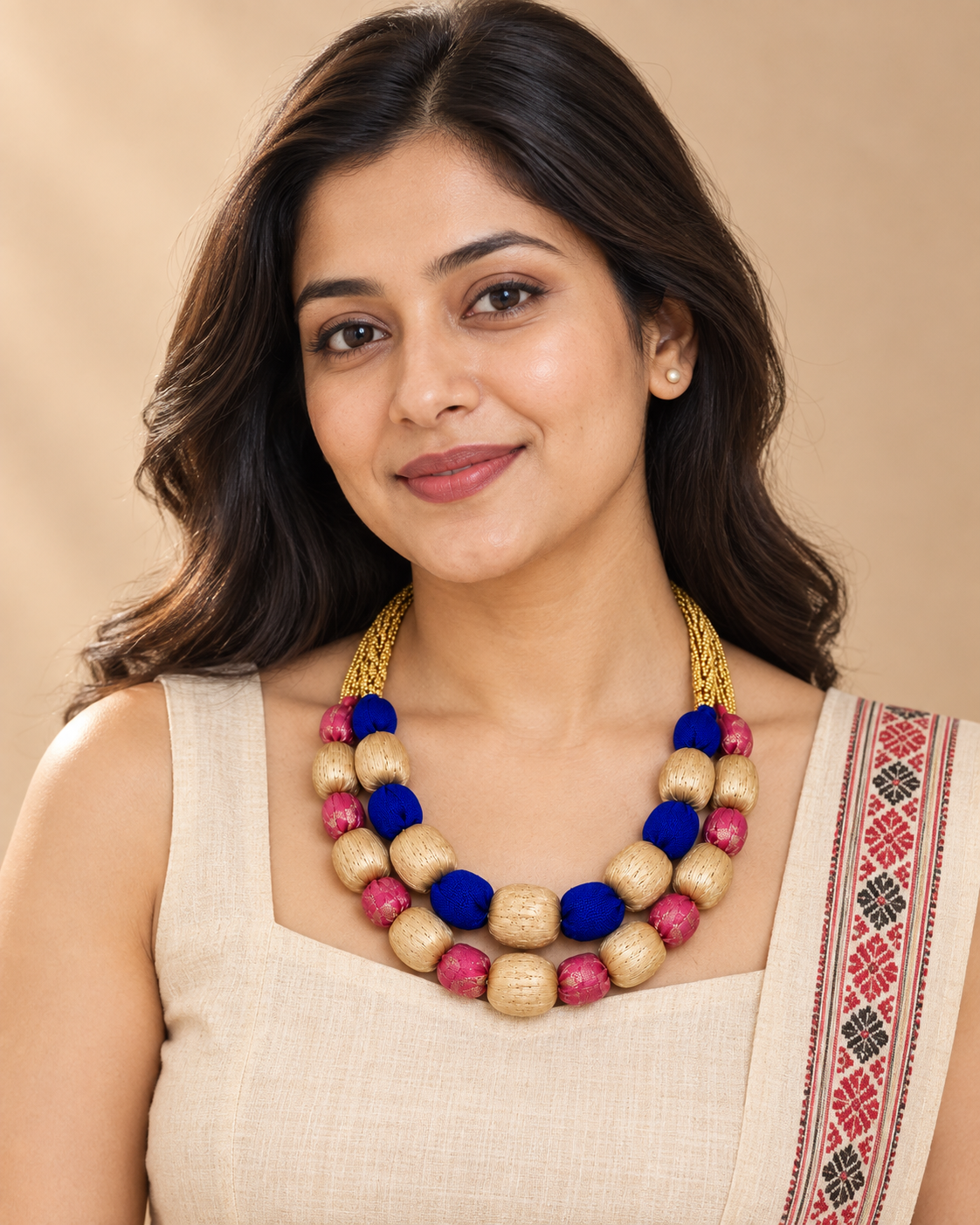 Model wearing the Panesoi fabric statement necklace with an Indo-western outfit