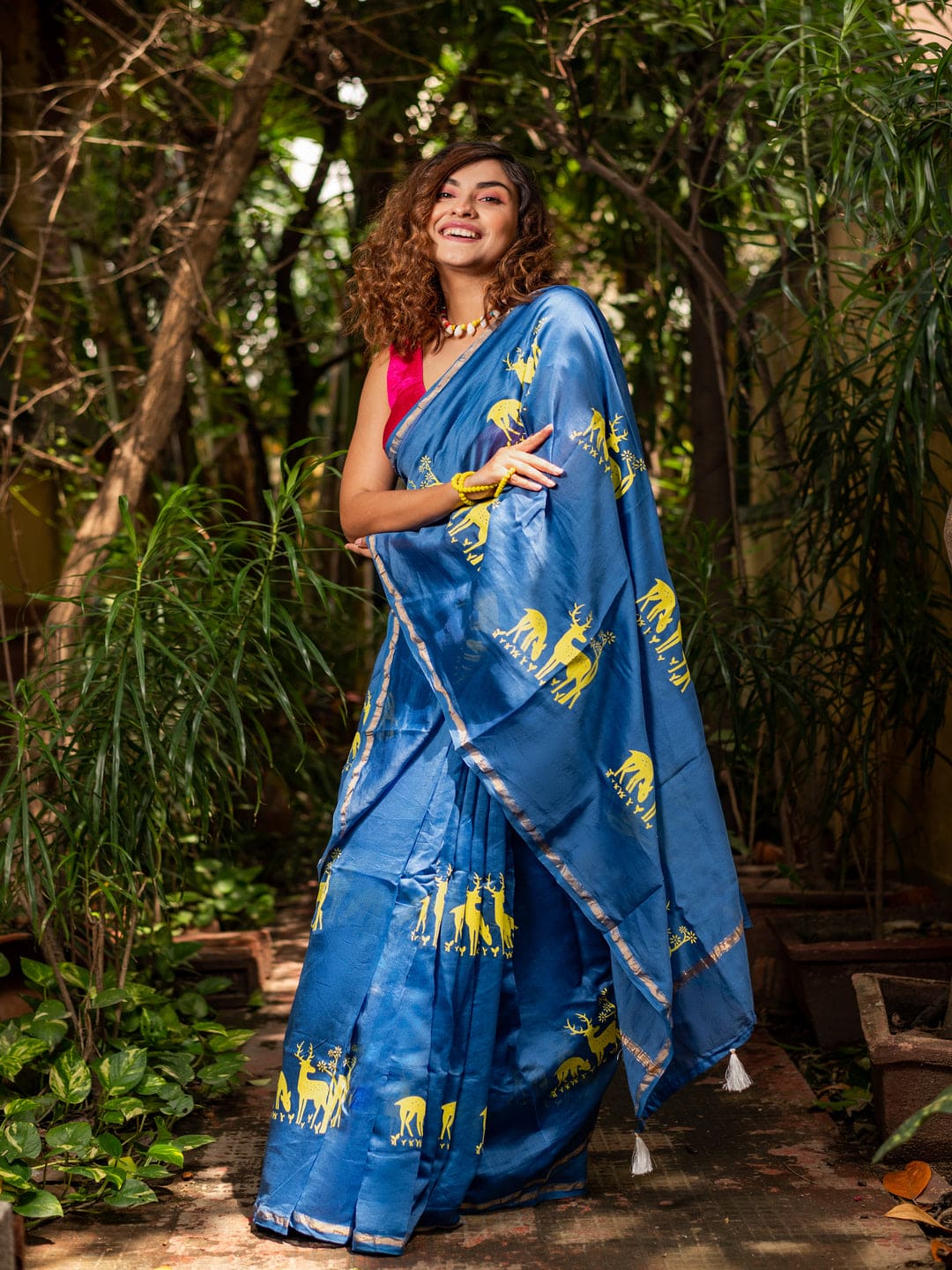 Blue Chanderi silk saree with Assam inspired design story by Apaapi.