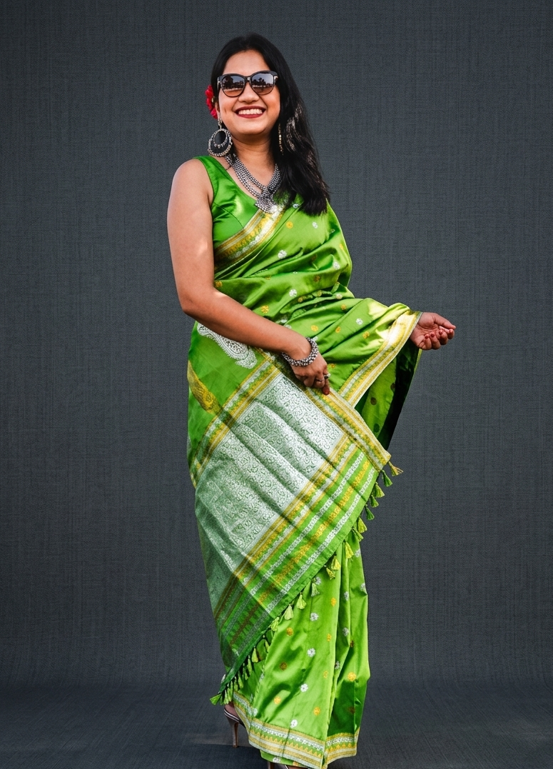 Patori green mixed silk saree front view for weddings and festive wear