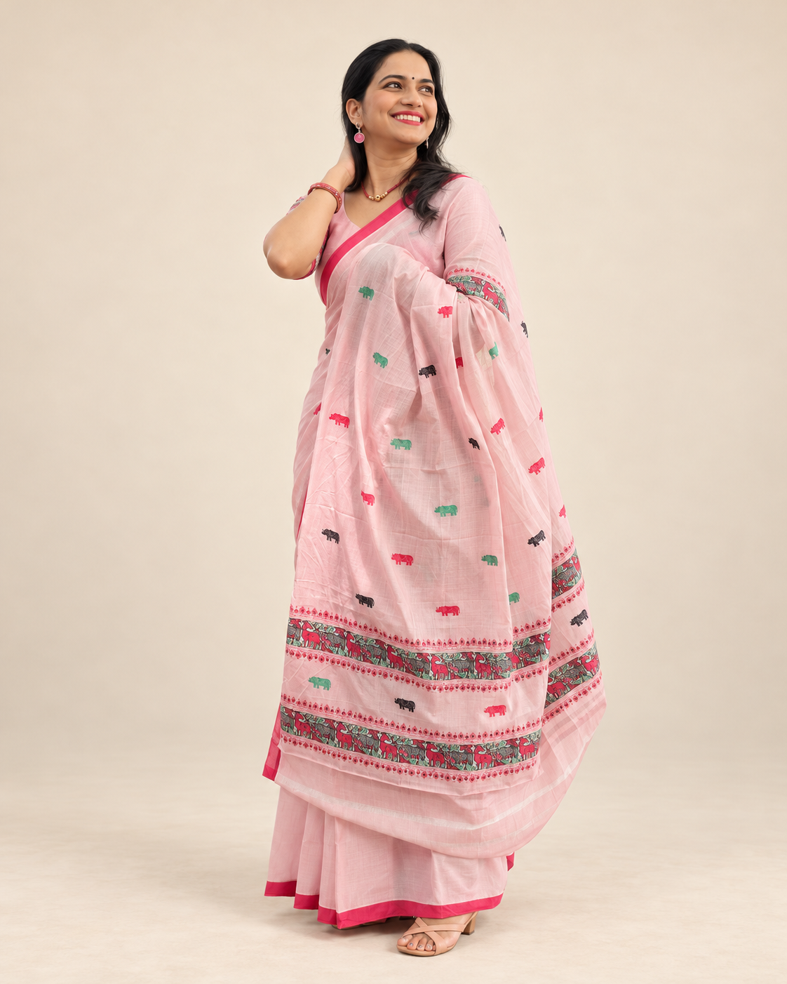 Pink Assam saree with Kaziranga-inspired one-horned rhino motifs and contrasting woven border by Apaapi.
