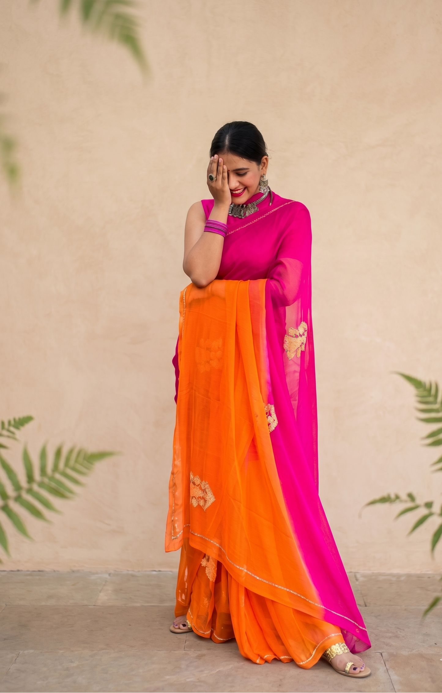 Pink orange pure chiffon saree with handcrafted glasswork Gos motif for Indian weddings and diaspora celebrations