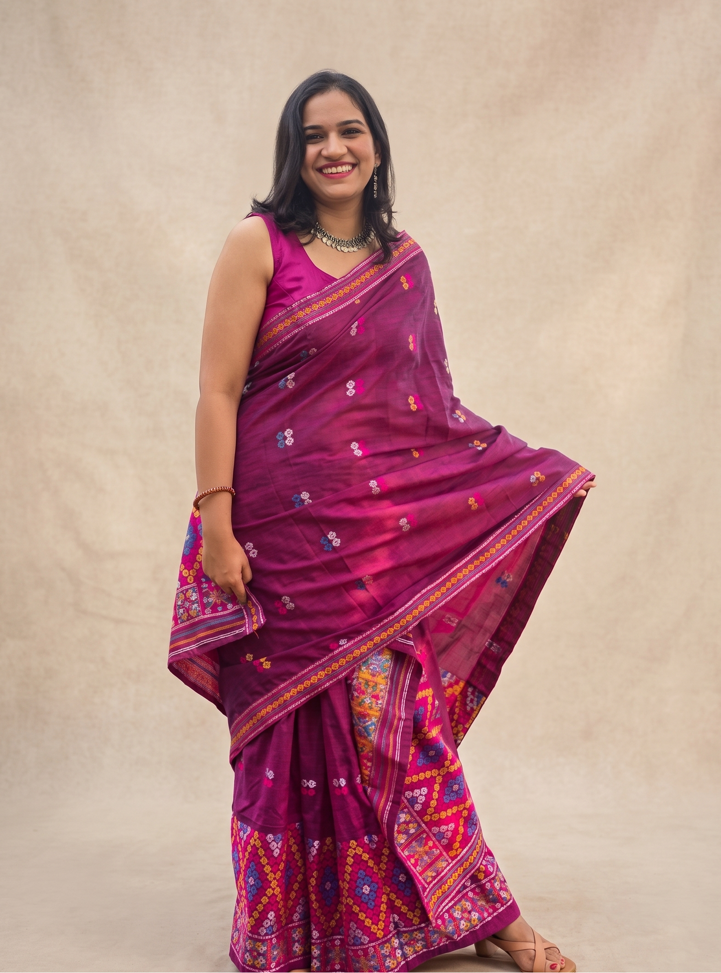 Porgas Petal magenta woven Assam cotton Mishing Mekhela Chador fully stitched and ready to wear