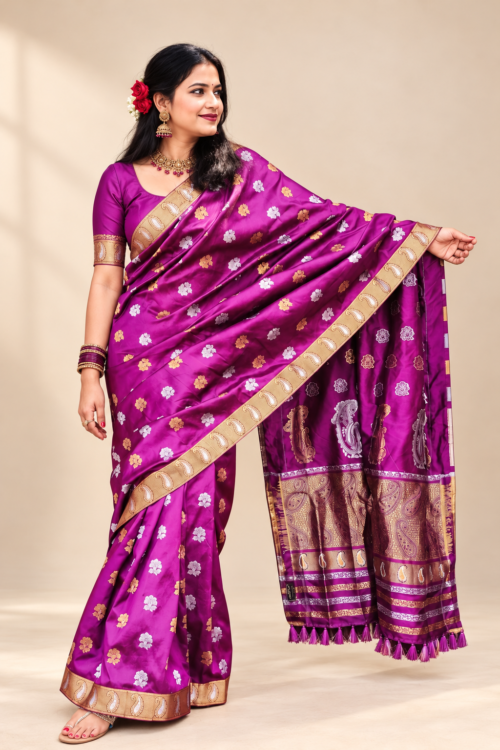 Purple and gold silk saree styled for Indian weddings, receptions, festive celebrations and cultural occasions.