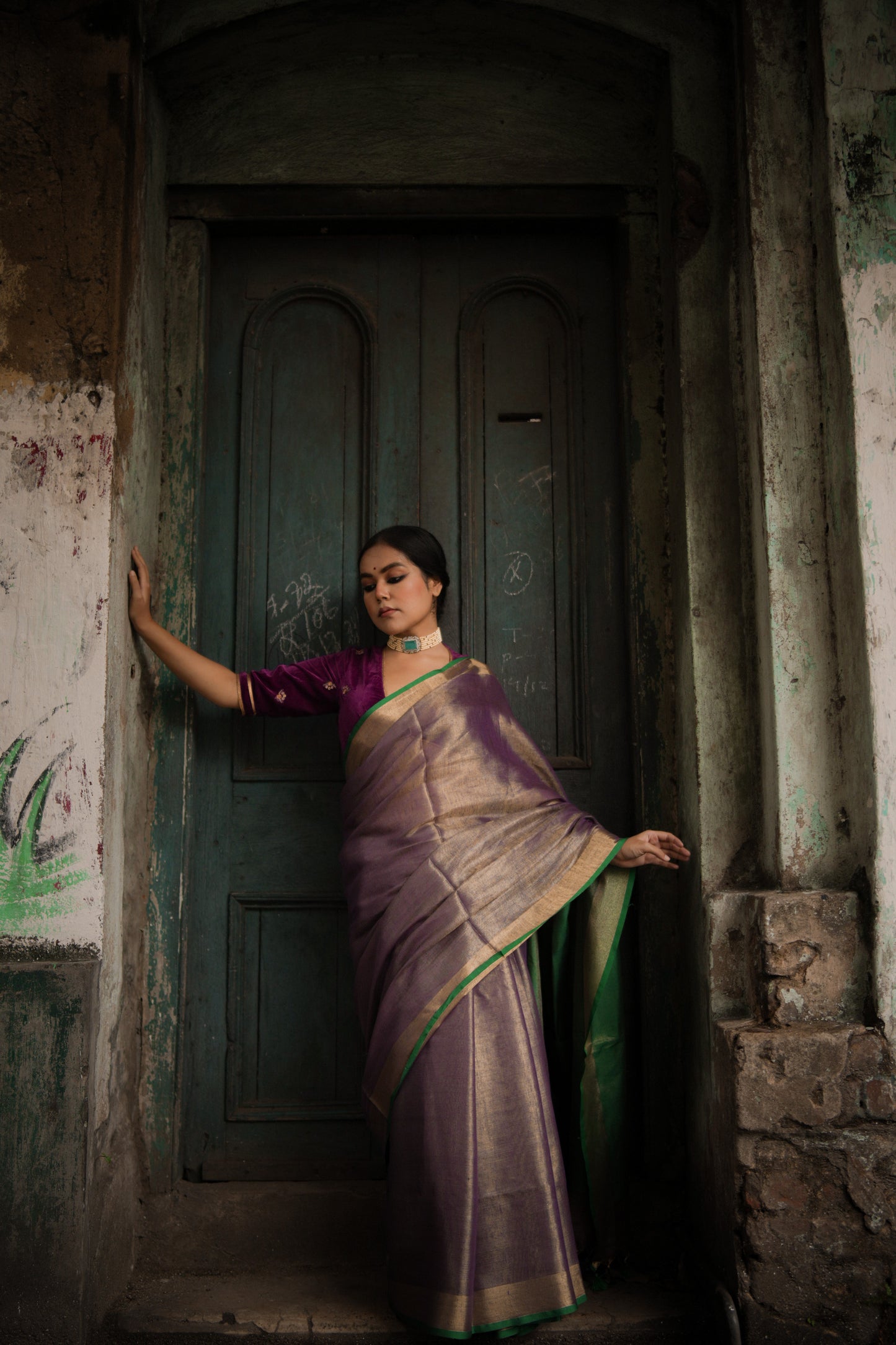Lightweight purple and green saree for weddings, pujas and Bihu