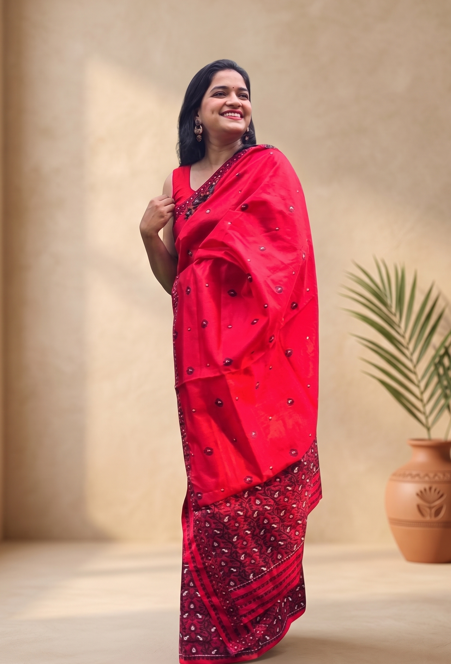 Elegant woven detail on Raktim Rongshree red mixed silk Mekhela Chador from Assam