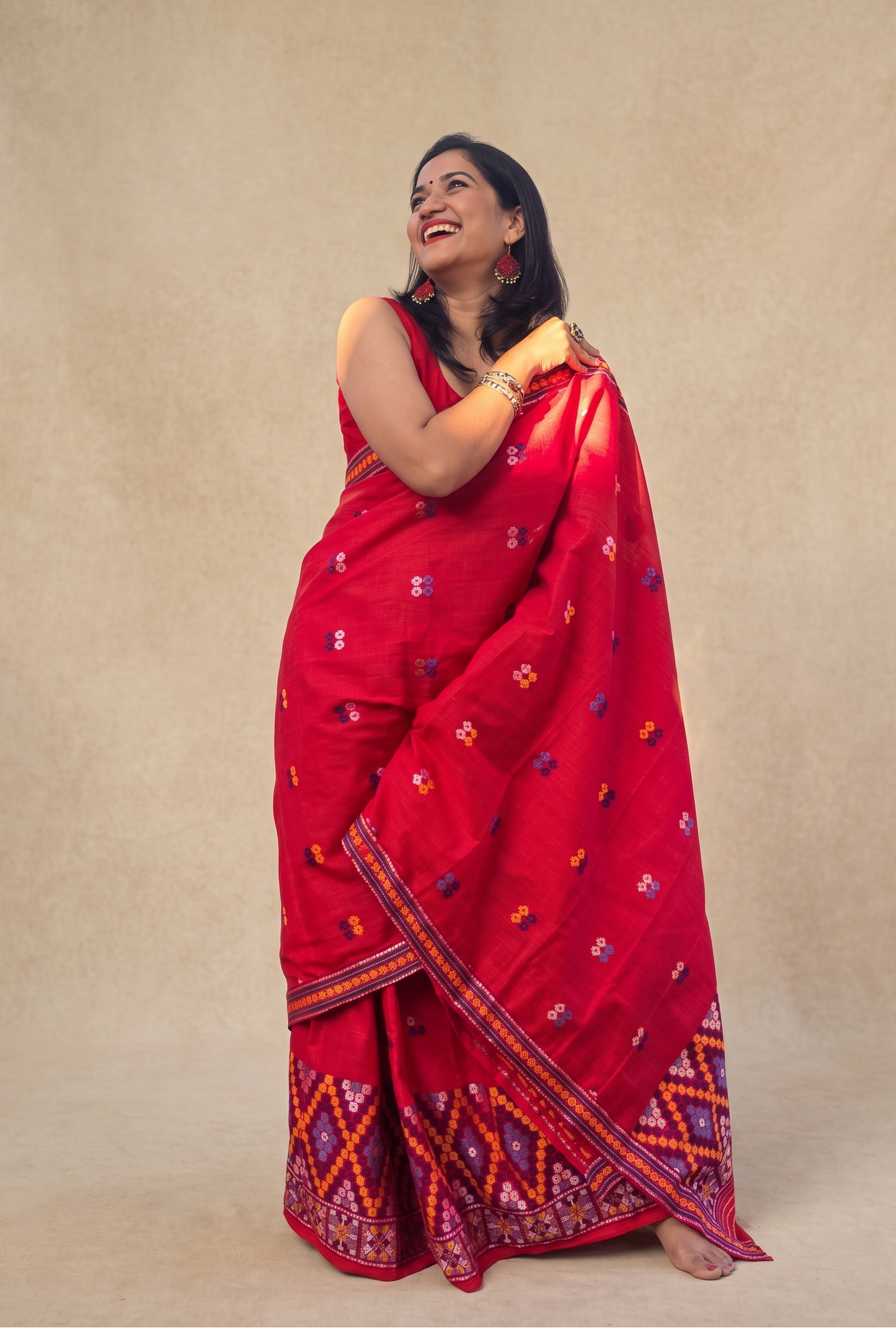 Rengam red Mishing Mekhela Chador from Assam front look by Apaapi