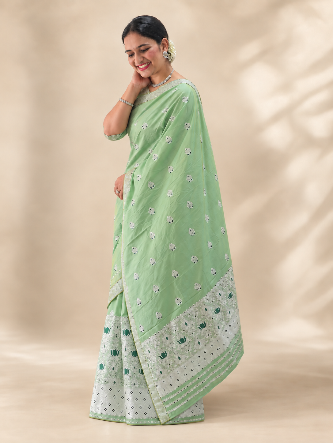 Mint green silk Mekhela Chador styled for Assamese weddings, engagements and wedding guest wear