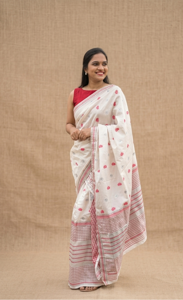 Ready-to-wear white Assamese silk Mekhela Chador with red woven motifs for Bihu and weddings
