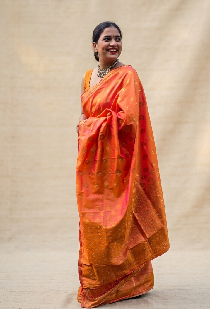 Ready-to-wear orange Assamese silk Mekhela Chador side drape for weddings, haldi and Bihu