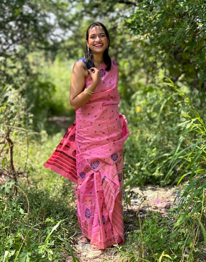 Handwoven rose pink mixed silk Mekhela Chador from Assam with floral woven motifs