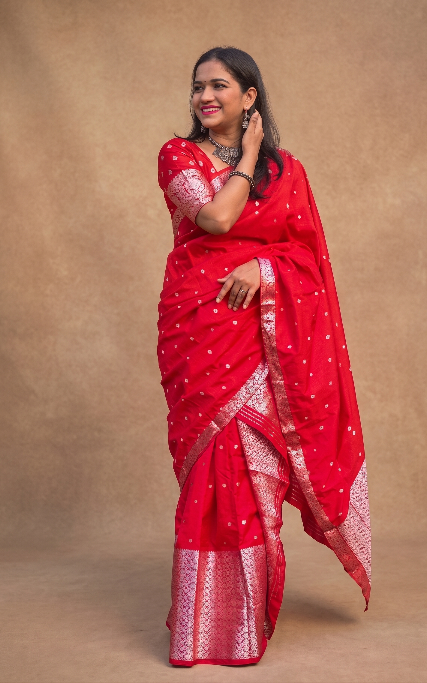 Rongor Raagini red mixed silk Mekhela Chador fully stitched and ready to wear from Assam by Apaapi