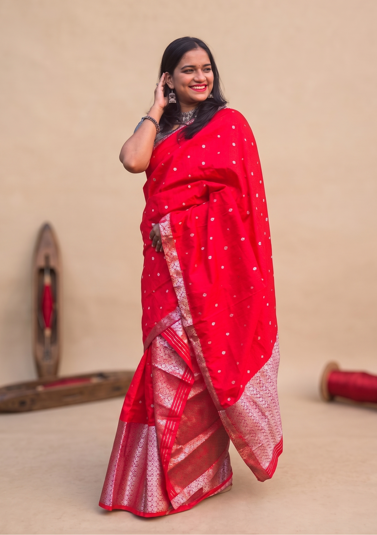 Ready-to-wear red mixed silk Assamese Mekhela Chador for weddings, Bihu and festive occasions