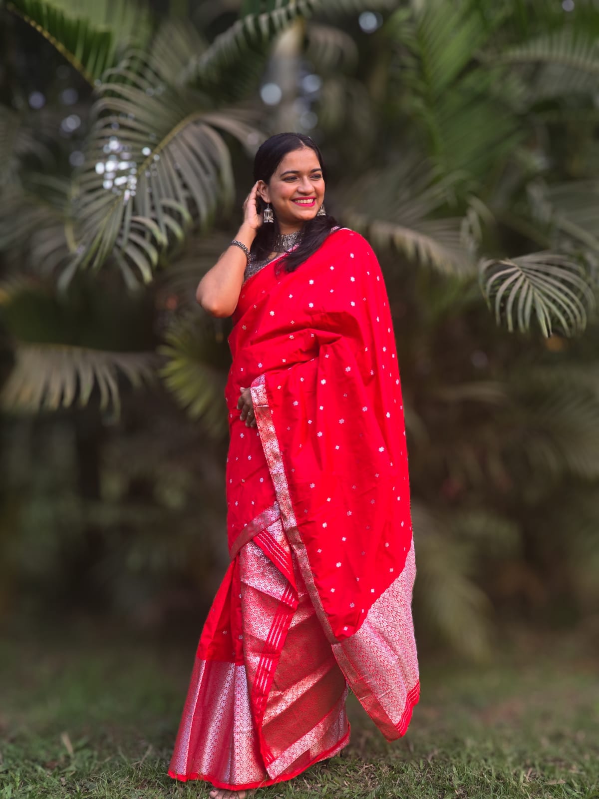 Red mixed silk Mekhela Chador from Assam with woven silver border, traditional Assamese wedding and festive wear
