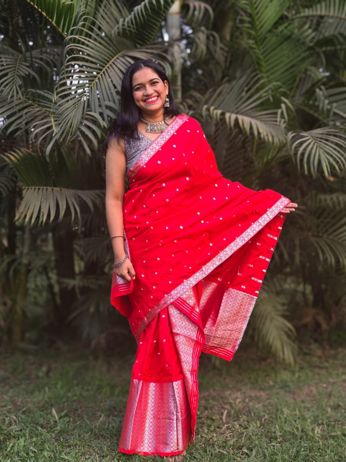 Red mixed silk Mekhela Chador from Assam with woven silver border, traditional Assamese wedding and festive wear