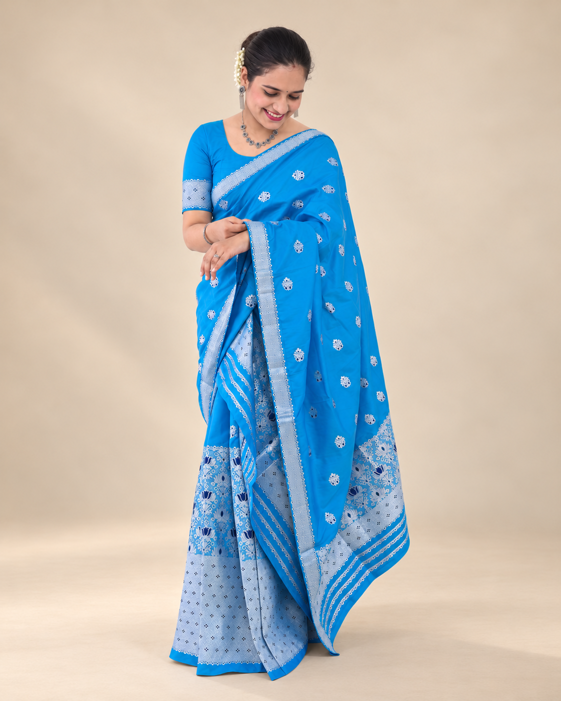 Rupalika blue silk blend silver zari Mekhela Chador for women fully stitched and ready to wear from Assam by Apaapi